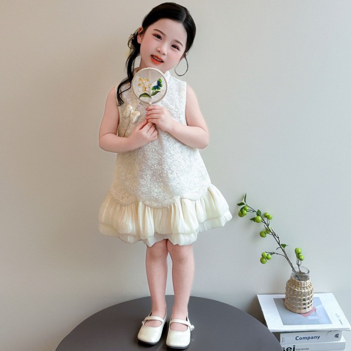 Girls' Cheongsam Skirt Summer Baby Girl Lace Sleeveless Button National Style Dress Children'