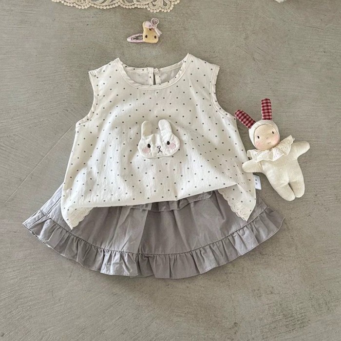 New Summer Sleeveless Top For Baby Girls, Bunny Polka Dot Korean Sweet Shirt, Children's Cott