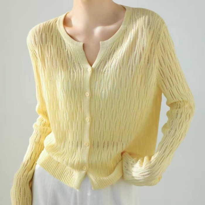 Mùa hè hàn quốc mới băng lụa dệt kim cardigan cổ tròn băng lụa mỏng áo len dệt kim dài tay hà