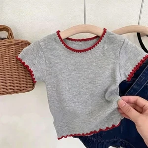 Bộ Quần Áo Mùa Hè Phong Cách Hàn Quốc Cho Bé Gái Tay Ngắn Tương Phản Màu Trơn Mới Phong Cách Mùa