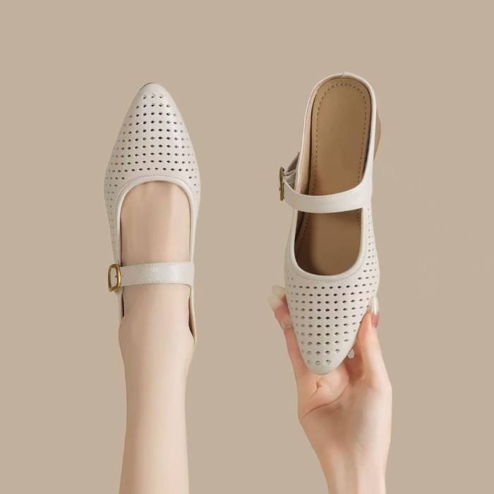 Giày sandal mũi nhọn thoải mái cho nữ mùa hè, giày nữ da mềm lỗ rỗng thoáng khí, gót dày, dép đi là