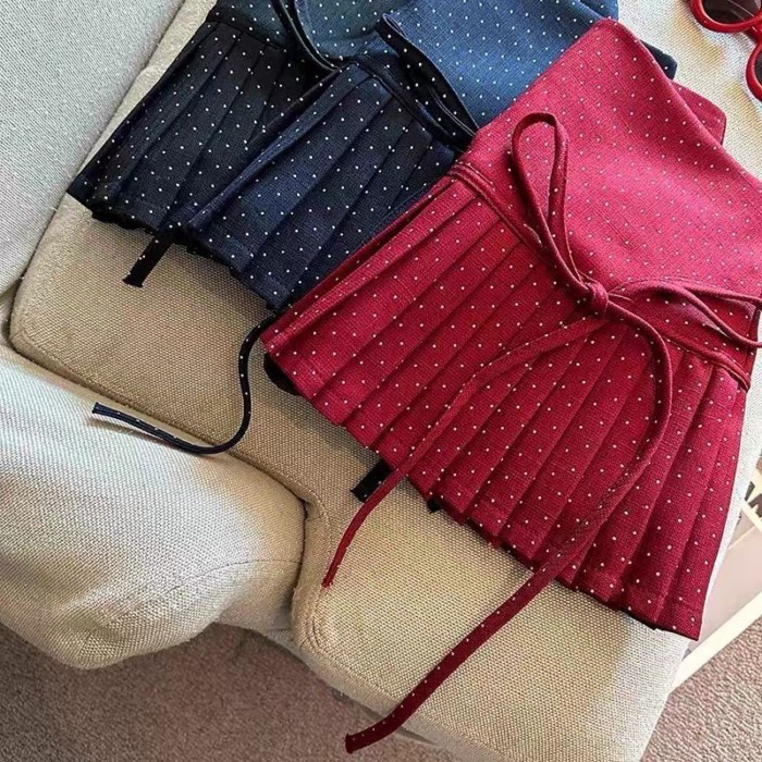 Ngọt ngào thắt nơ chấm bi eo cao váy ôm váy xếp li váy chữ a váy ngắn dành cho nữ