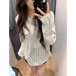 Korean Style Thin Long-sleeved Hollow Sun Protection Sweater For Women With Loose Blouse Top