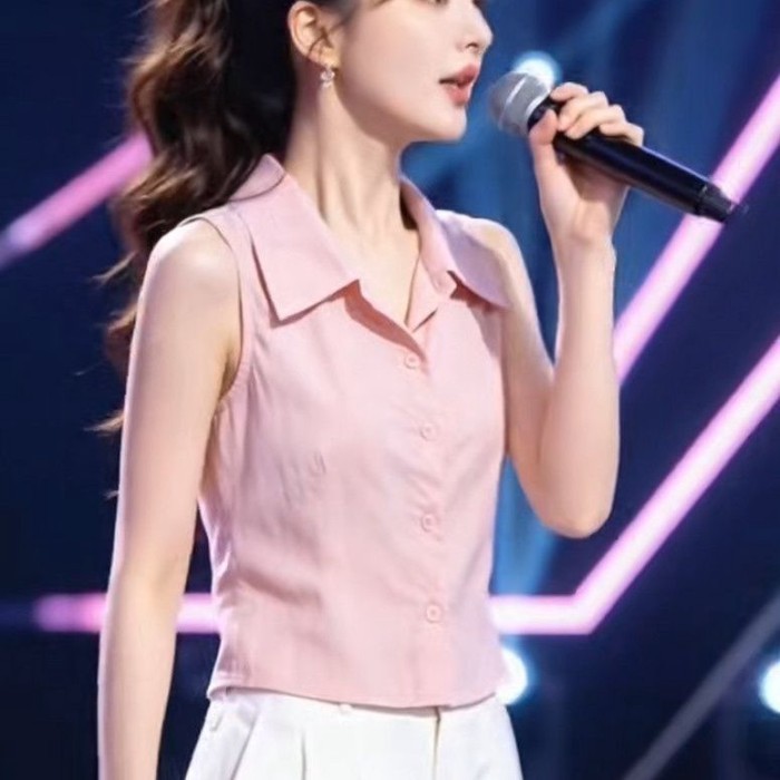 Lan ~ Áo sơ mi không tay màu hồng cao cấp kiểu Pháp dành cho nữ Mùa hè Ve áo đơn viền mỏng hơn Nhìn đi lại Áo phù hợp