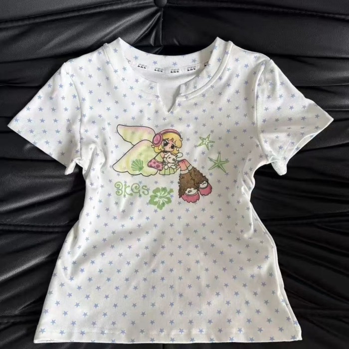 Áo thun cotton co giãn in hình hoạt hình Elf dành cho nữ Thiết kế in hình ngôi sao đa năng Áo