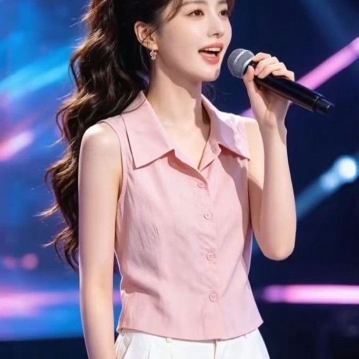 Lan ~ Áo sơ mi không tay màu hồng cao cấp kiểu Pháp dành cho nữ Mùa hè Ve áo đơn viền mỏng hơn Nhìn đi lại Áo phù hợp