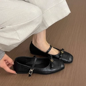 French Retro Hepburn Style Camellia Strap Small Black Shoes Flat Comfortable Scoop Shoes Mary Ja