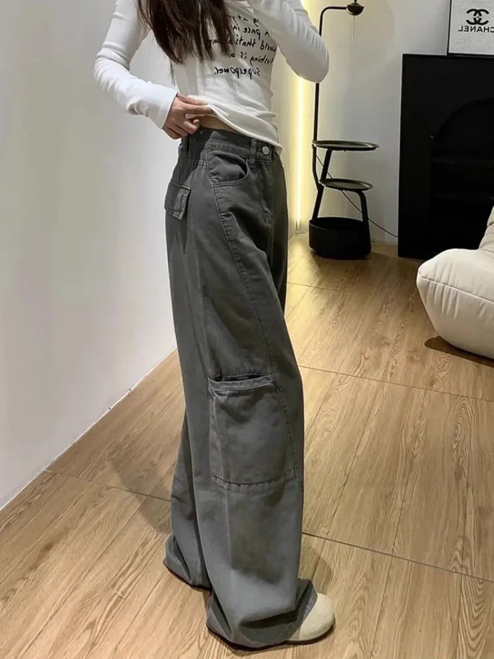 Gray Denim Overalls For Women American Retro High-waisted Loose Design Straight-leg Slimming