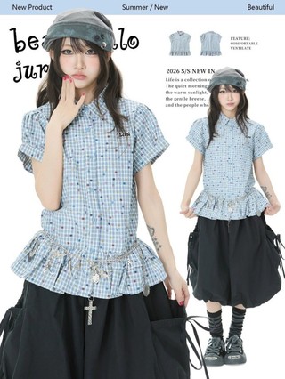 Retro Blue Plaid Color Dot Short Sleeve Shirt Women's Summer College Style Waist Slimming Lap