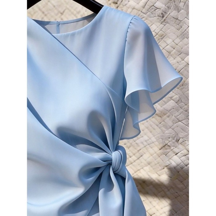 French Design Niche Blue Lotus Leaf Sleeve Top With Temperament Straps To Slim The Waist And