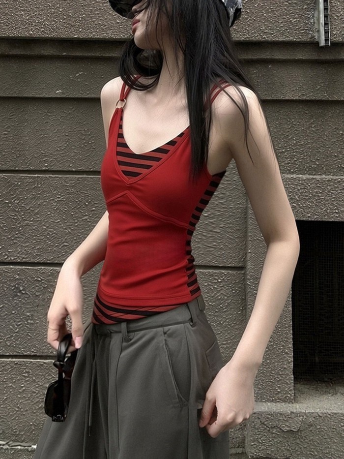 Lan ~ American Hot Girl Retro Sọc Khâu Camisole Thiết Kế Cảm Giác Nữ Mùa Hè Phong Cách Mới Mỏng Hơn Nhìn Nhỏ Top
