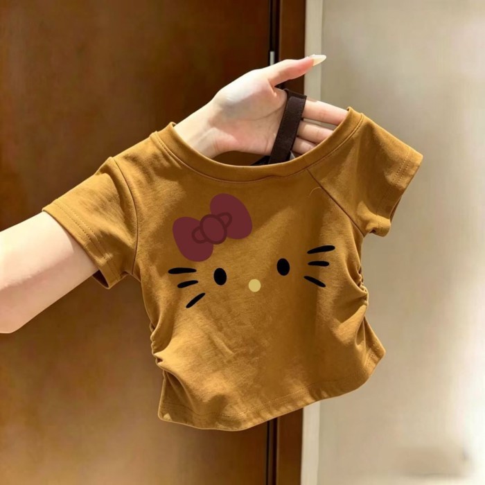 Áo thun lệch vai gừng bé gái cotton nguyên chất mùa hè mỏng xếp ly in hình tay ngắn trễ vai kiểu