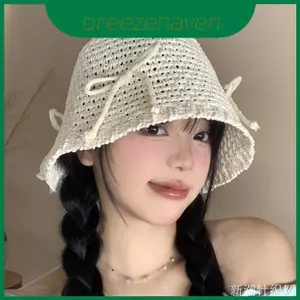 Mũ dệt kim Sun dành cho nữ có nút thắt bướm và họa tiết sọc để chống nắng