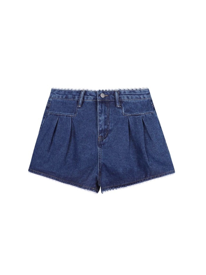 quần short denim màu xanh nữ mùa hè quần ren mới mỏng lưng cao ống rộng quần hot cho các cô nàng