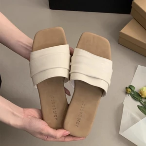 Korean Style Pleated Soft Leather Slippers For Women To Wear Summer Soft Flat Bottom Seaside Vac