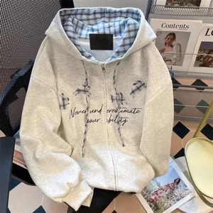 in chữ có mũ trùm đầu Mỹ retro nữ niche thiết kế dáng rộng giảm tuổi cardigan lười áo khoác thườ