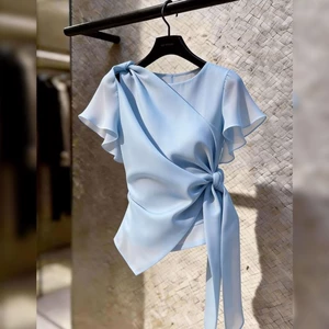 French Design Niche Blue Lotus Leaf Sleeve Top With Temperament Straps To Slim The Waist And