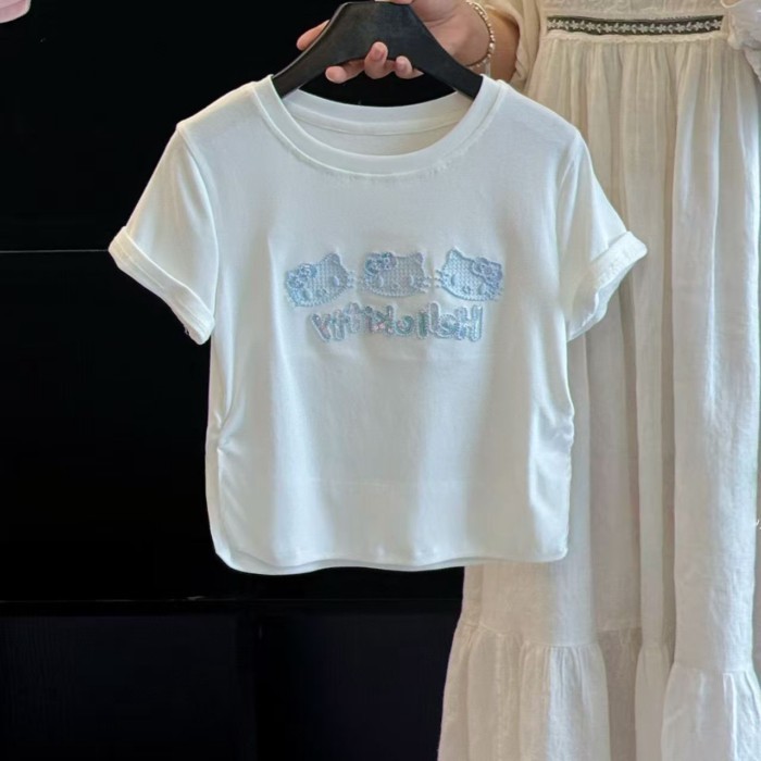 Bé Gái Thêu KT Áo Thun Nữ Tay Ngắn 26 Mùa Hè Mới Trẻ Em Hello Kitty Đính Hạt Cườm Eo Ngọt Top Dễ
