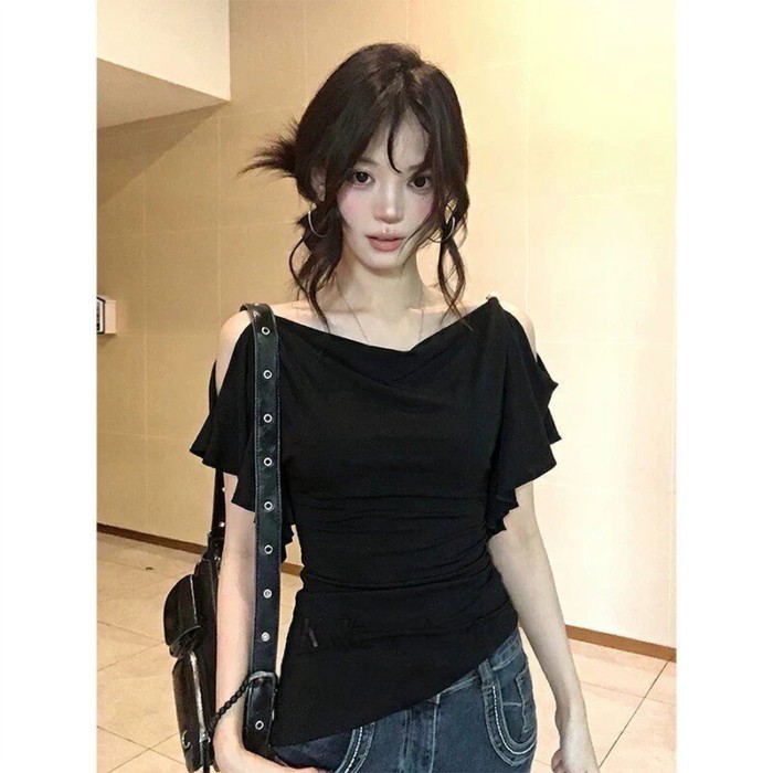 Hot Girls Swing Collar Ruffled Off-the-Shoulder Women's Summer New Pure Desire Niche Irregular P