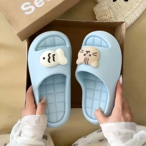 New Cute Cartoon Candy Color Cute Cat Little Fish Home Slippers Dark Plaid Slippers