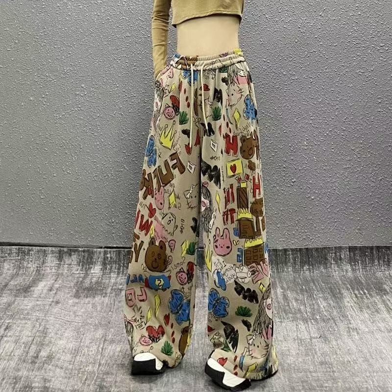 Lan Quần Jeans Mùa Hè Phong Cách Graffiti Mỹ, Ống Rộng Thẳng Mỏng Nhẹ