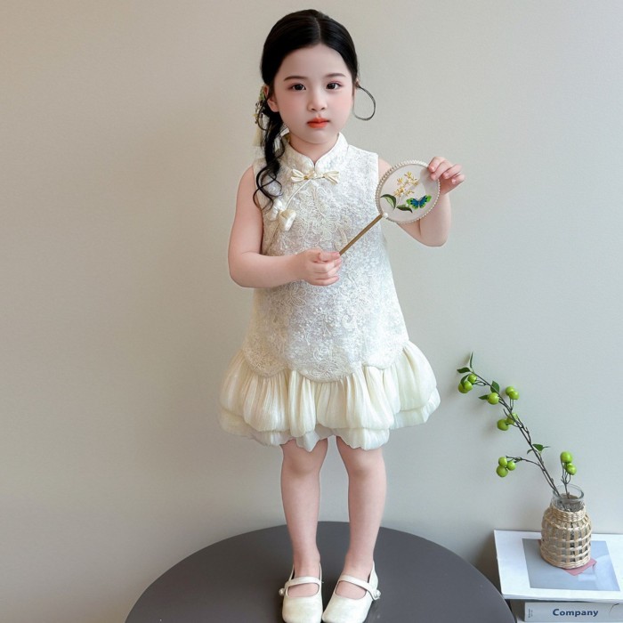 Girls' Cheongsam Skirt Summer Baby Girl Lace Sleeveless Button National Style Dress Children'