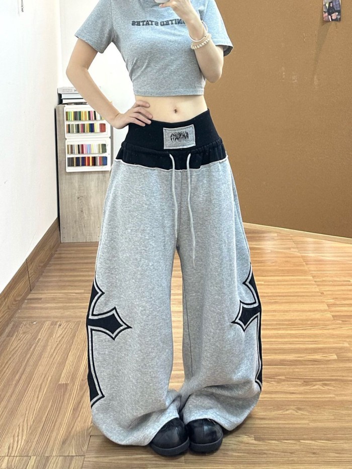 Quần thể thao ống rộng thiết kế in họa tiết cho nữ mùa hè mới quần dài cạp cao dáng rộng cạp