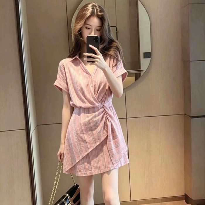 French Striped Short-sleeved Dress Women's Summer New Design Pleated Irregular Waist Slimming