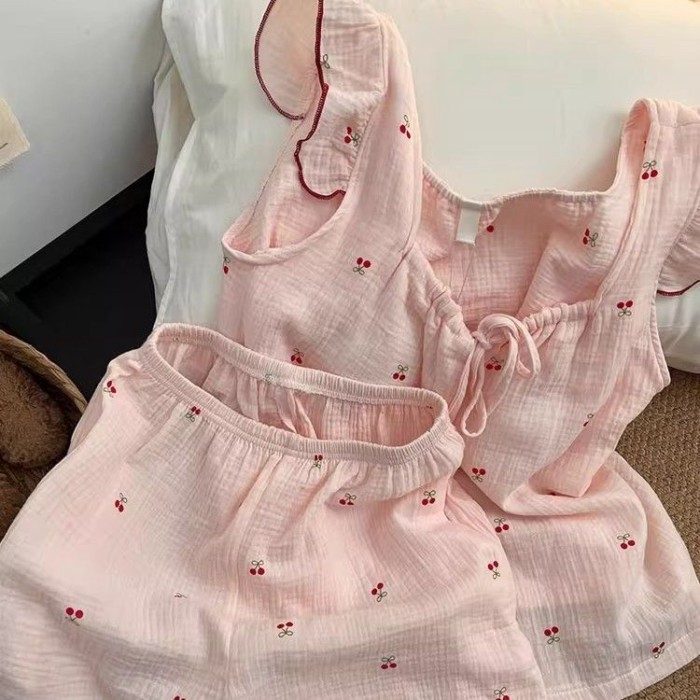 Pajamas For Women, Sweet Little Cherry Wood Ears Suspender Shorts, Skin-friendly With Chest P