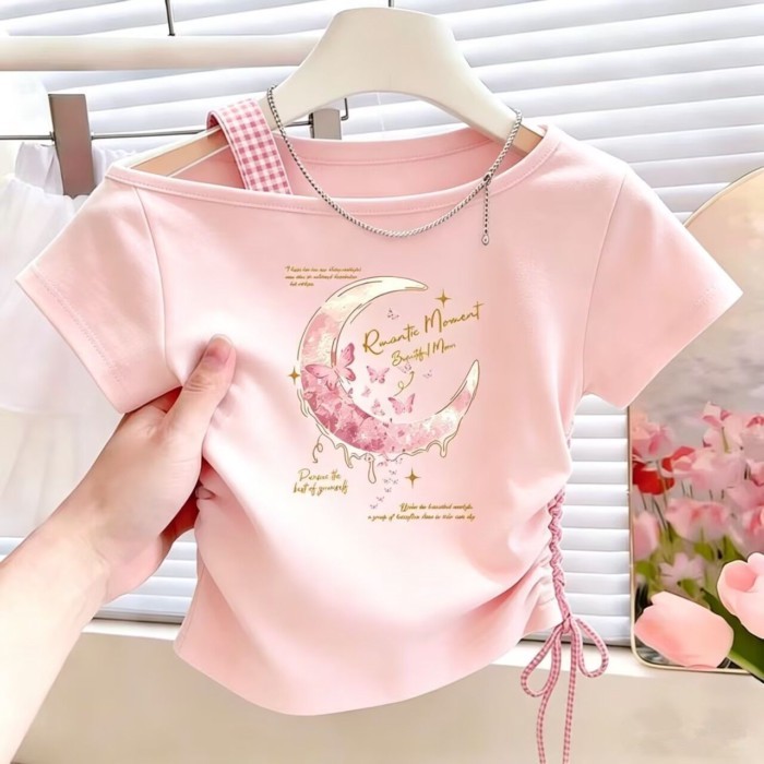 cô gái mới mùa hè phong cách Hàn Quốc áo thun lệch vai ngắn tay thời trang đầm mùa hè cho bé gái