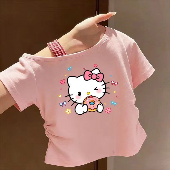 Áo thun ngắn tay cổ tròn xếp li cho bé gái mùa hè phổ biến thiết kế ruy băng mặc hàng ngày