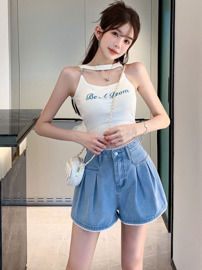 quần short denim màu xanh nữ mùa hè quần ren mới mỏng lưng cao ống rộng quần hot cho các cô nàng