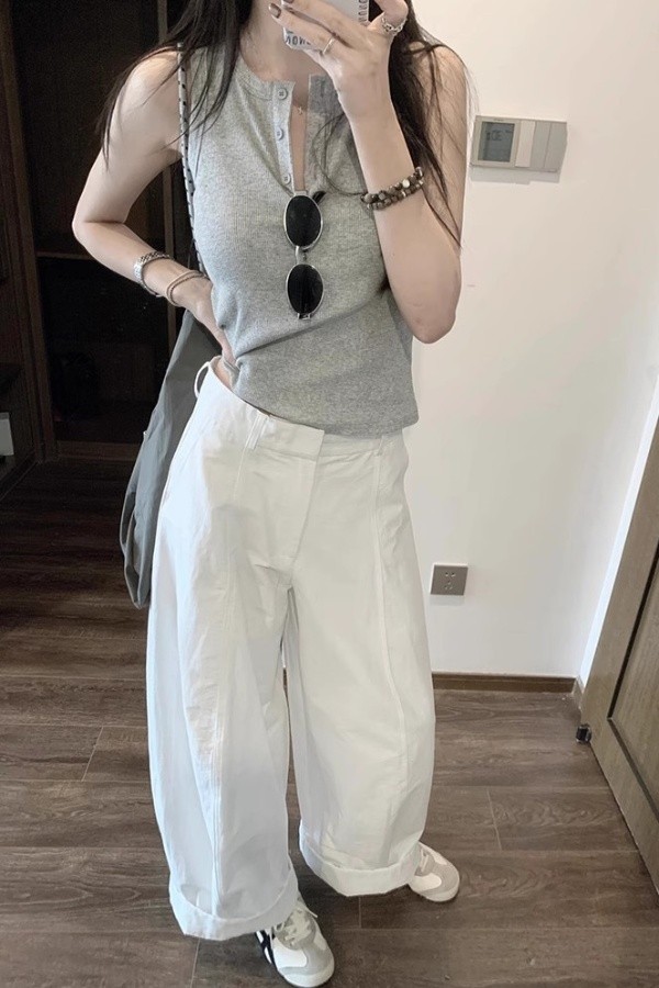 Áo vest không tay nữ thiết kế retro Mỹ cao cấp với nút, phù hợp thời trang mùa hè sang trọng