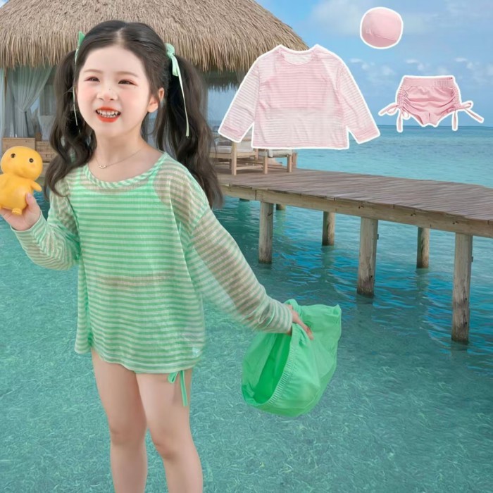 Girls Swimwear Summer New Style Children's Seaside Hot Spring Long-sleeved Blouse Three-piece Se
