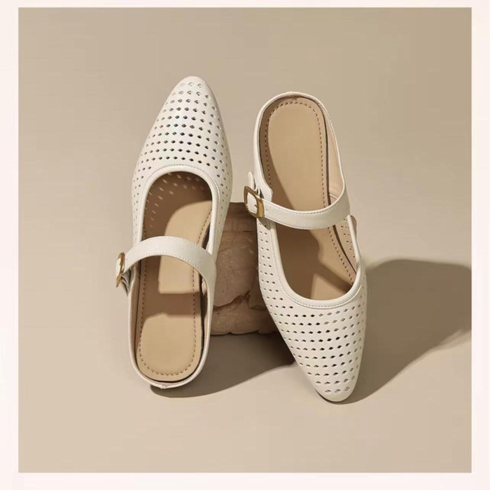 Giày sandal mũi nhọn thoải mái cho nữ mùa hè, giày nữ da mềm lỗ rỗng thoáng khí, gót dày, dép đi là