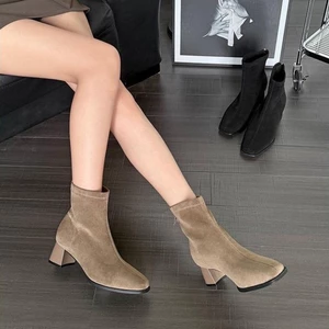 Giày Bốt Slim Mới Mũi Vuông Gót Dày Nữ Da Lộn Mới Dây Kéo Giày Bốt Đế Mềm Ngắn