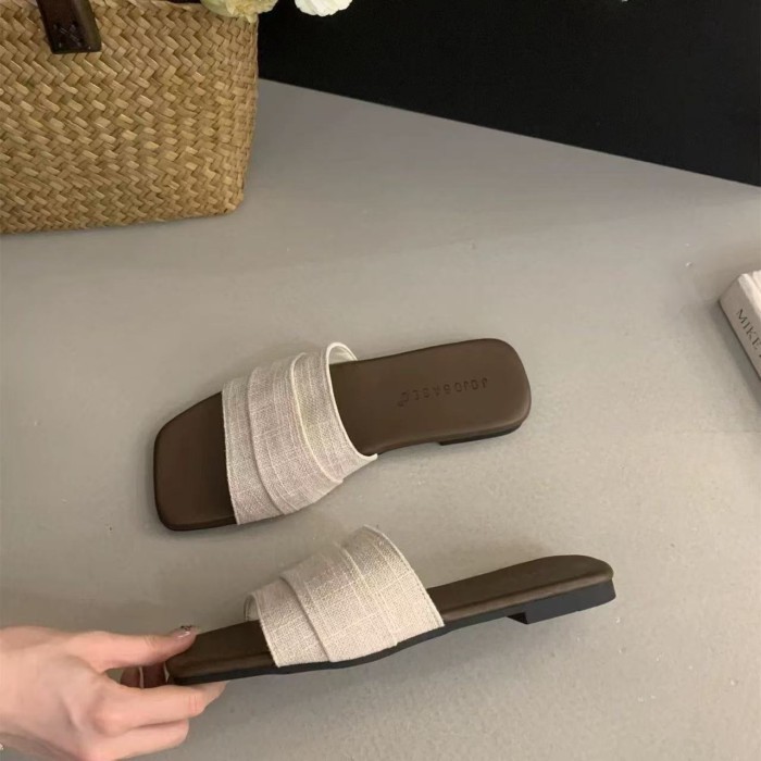 Korean Style Pleated Soft Leather Slippers For Women To Wear Summer Soft Flat Bottom Seaside Vac