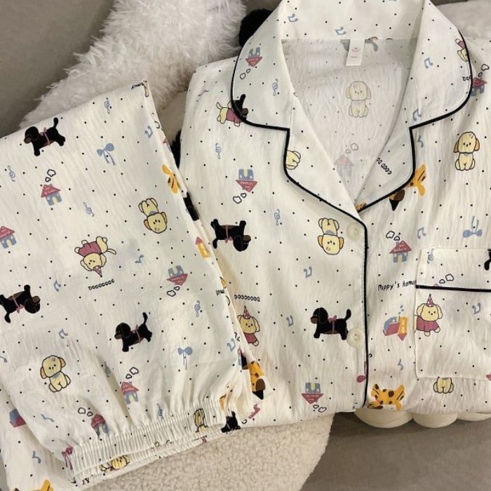 Mùa Hè Xuân Thu Hoạt Hình Đám Mây Mới Bộ Đồ Ngủ In Hình Cardigan Ngọt Dài Tay Dài Quần Rời Ph