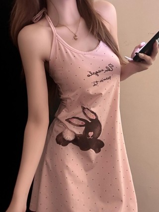 mùa hè ngọt ngào thiết kế thích hợp váy dây buộc nữ hoạt hình chấm bi in hình thỏ đồ ngủ có thể