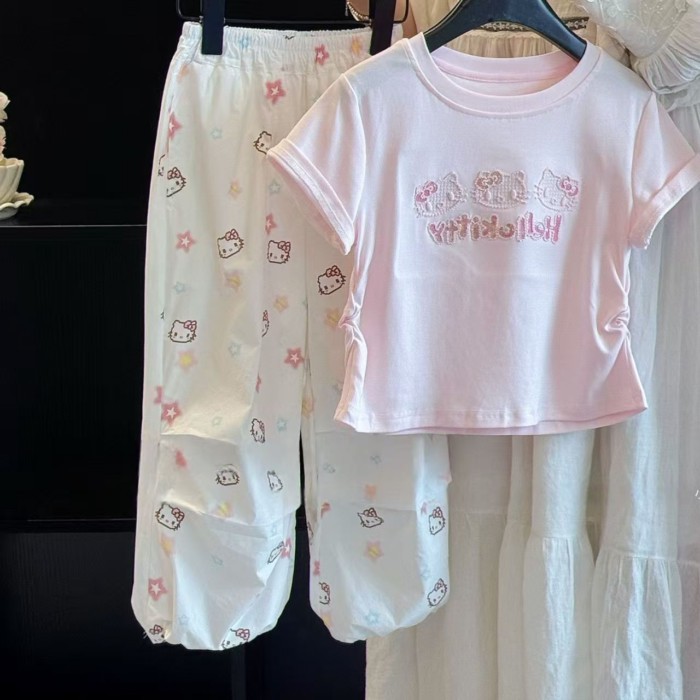 Bé Gái Thêu KT Áo Thun Nữ Tay Ngắn 26 Mùa Hè Mới Trẻ Em Hello Kitty Đính Hạt Cườm Eo Ngọt Top Dễ