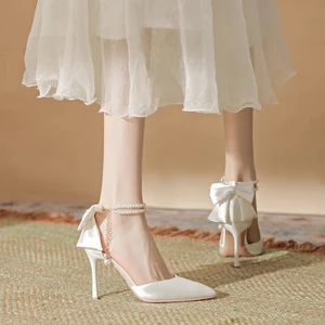 White High Heels, Stilettos And Skirt, Satin Light Color Hollow Shoes, Pearl Straps, Bow Toe