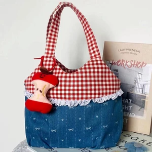 Fashionable And Cute New Denim Commuting Splicing Tote Bag High-Looking Portable Contrast Color
