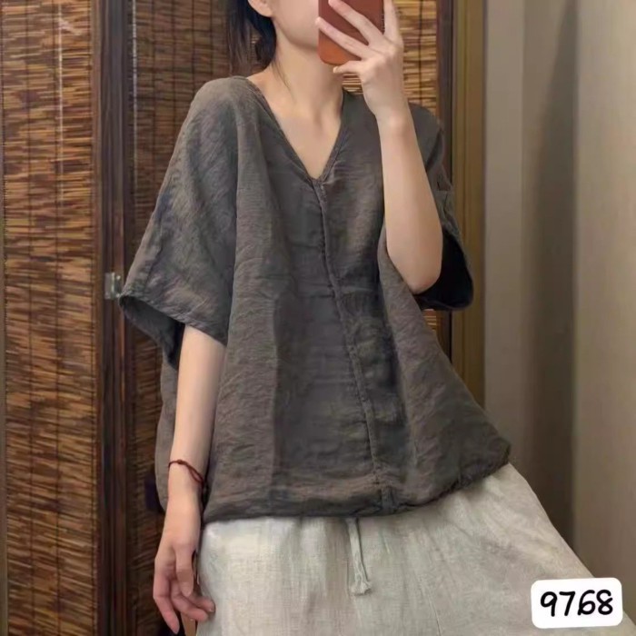 Áo thun cotton và vải lanh phong cách cổ điển dành cho nữ mùa hè mới màu trơn cổ chữ V tay ng