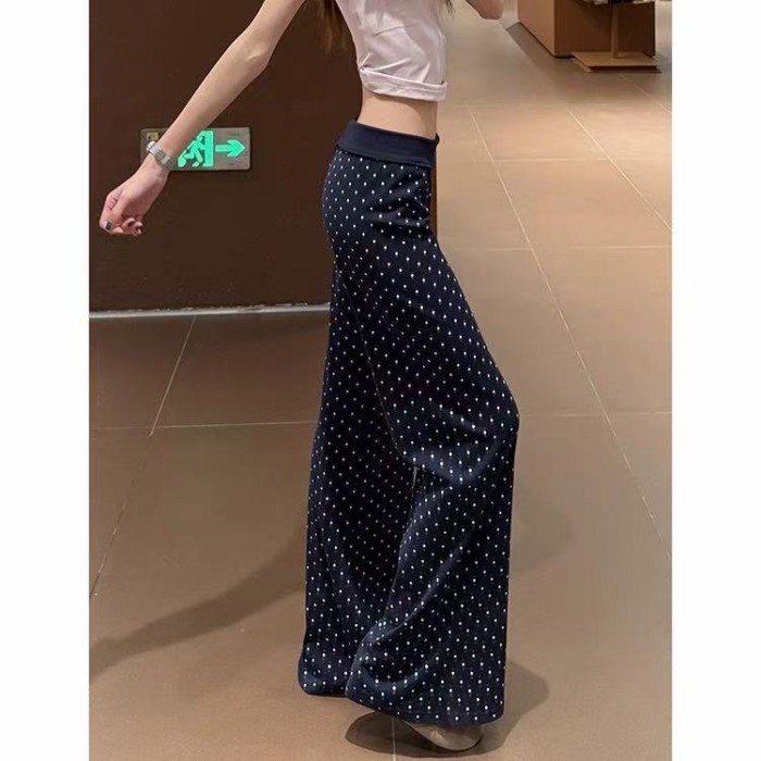 Chấm bi Hải quân Drape Quần loe Mỹ Mùa hè nữ Mới Giảm béo Đa năng Quần cạp thấp Hàn Quốc
