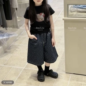 Bộ đồ bé gái mùa hè mới hoạt hình Hàn Quốc Mèo KT ngắn tay quần jean in hoa cho trẻ em Bộ hai mả