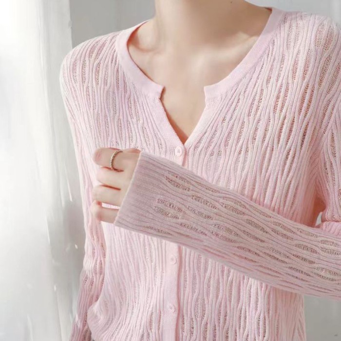 Mùa hè hàn quốc mới băng lụa dệt kim cardigan cổ tròn băng lụa mỏng áo len dệt kim dài tay hà