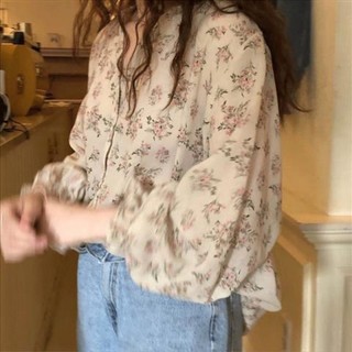 Ma Ngựa Cô Gái Áo Sơ Mi Hoa Tươi Nữ Phong Cách Mùa Xuân Đơn Giản Tay Chuông Áo Xương Đòn