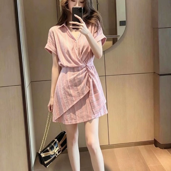 French Striped Short-sleeved Dress Women's Summer New Design Pleated Irregular Waist Slimming