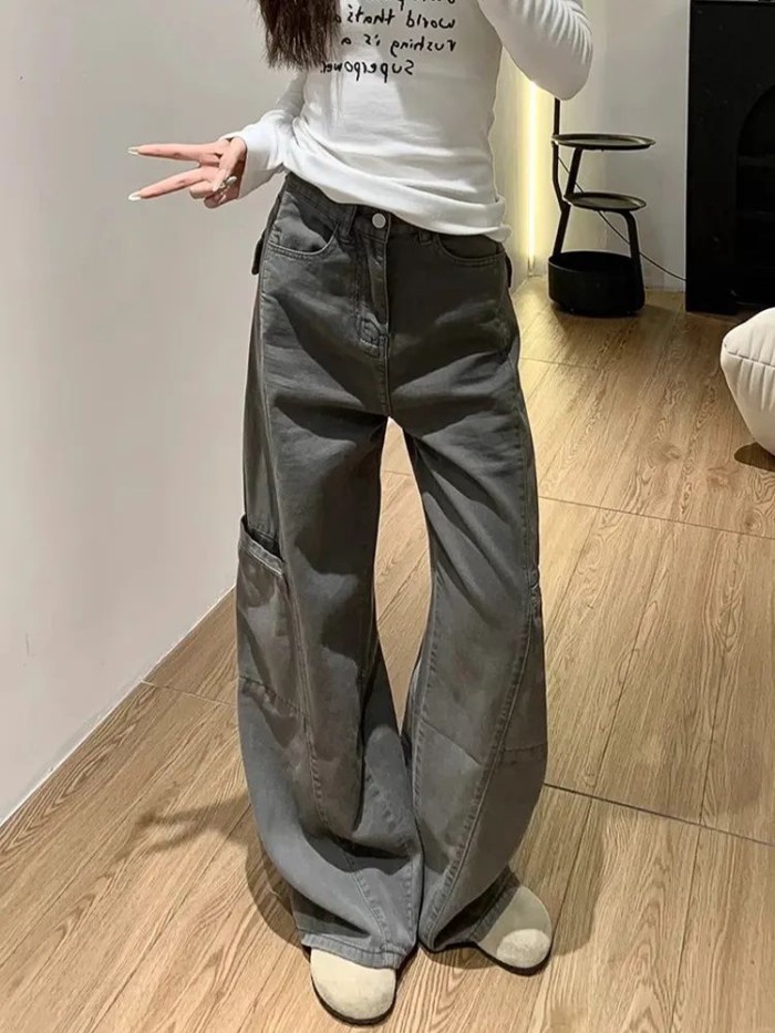 Gray Denim Overalls For Women American Retro High-waisted Loose Design Straight-leg Slimming