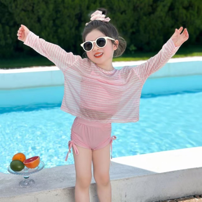Girls Swimwear Summer New Style Children's Seaside Hot Spring Long-sleeved Blouse Three-piece Se